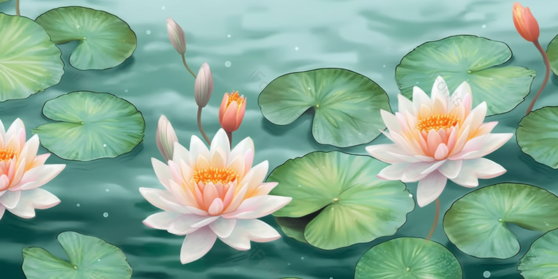 绿色清爽夏天含苞待放的荷花在池塘里绽放中国风背景插画,插画/手绘图,插画/手绘图库,插画/手绘图下载,插画/手绘